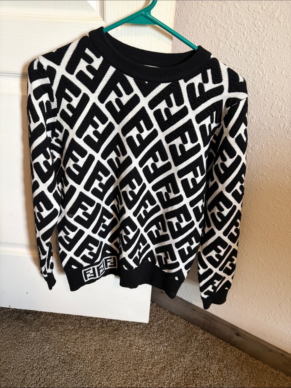 Fendi Black & White Logo Jacquard Crewneck Sweater